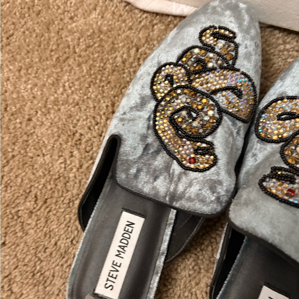 Steve Madden Silver Velvet Crystal Embellished Mules